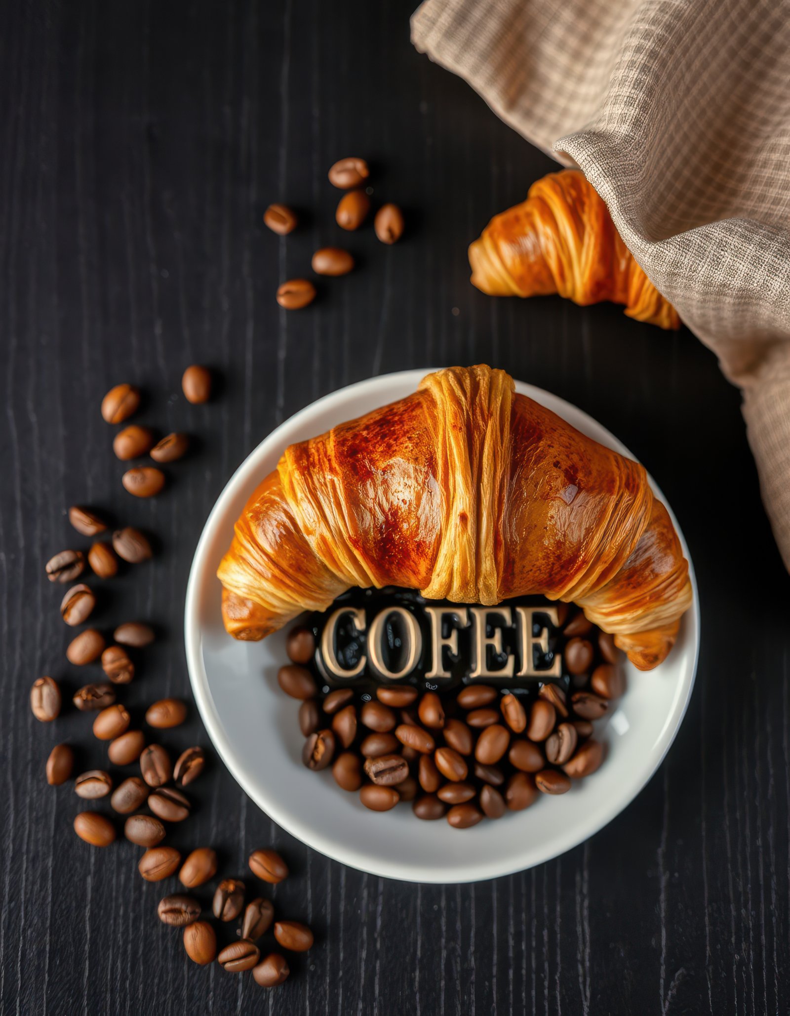 Freshly baked croissant served with coffee beans on a wooden table in a cozy cafe setting